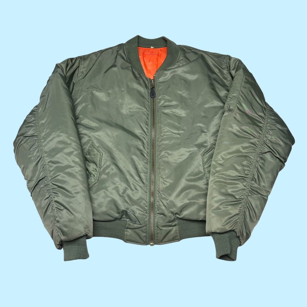 Vintage MA-1 Flight Bomber Jacket Sage Green Orange Lining Mens XL
